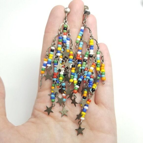 Vintage Colroful Beaded Fringe Dangle Clip On Earrings with Star Charms, Funky - Picture 4 of 5